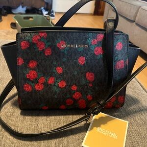 Michael Kors Black and Red Rose Crossbody Bag NWOT
